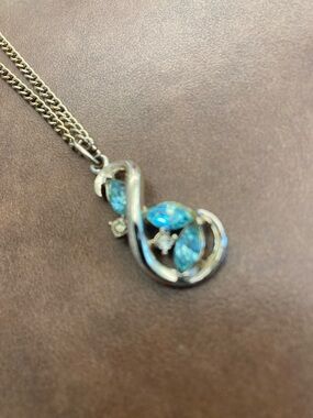 Gold Overlay Blue Teardrop Crystal Pendant Necklace
